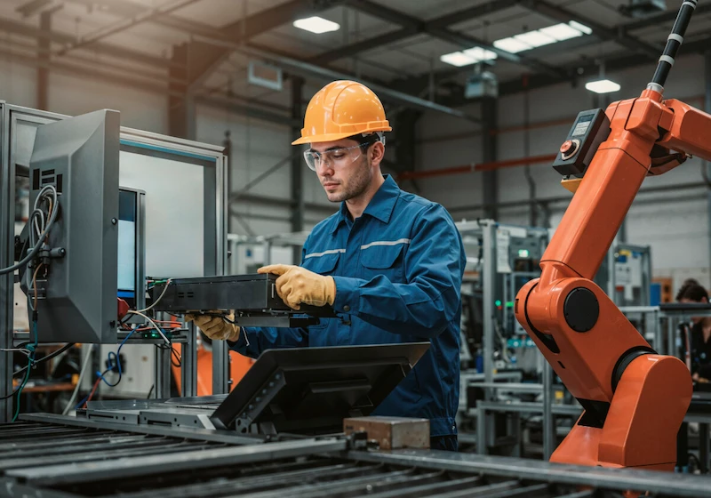 Ingeniero trabajando con un robot en una instalación industrial moderna